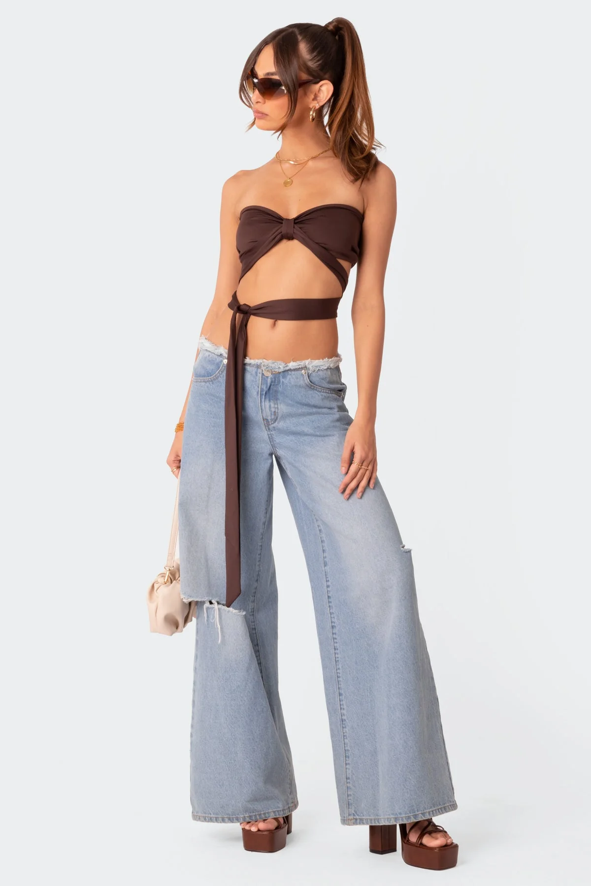 Bandeau Wrap Tie Brown Crop Top
