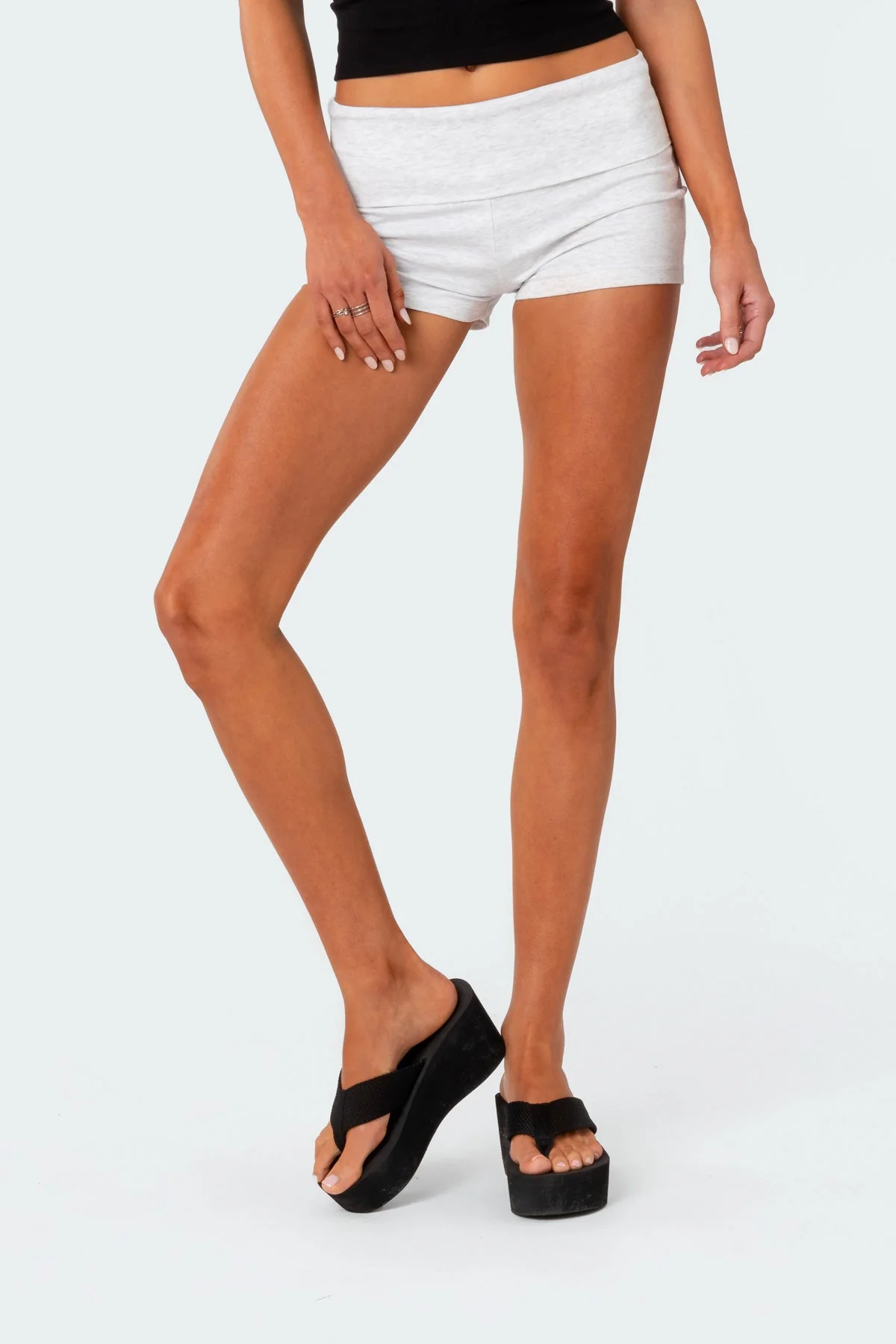 Fold Over Gray Melange Cotton Spandex Shorts