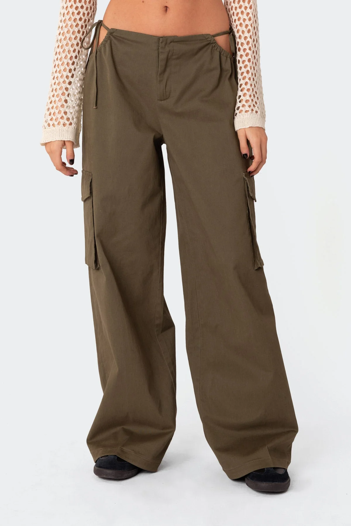 Military Style Olive Cargo Pants with Side Cut-Outs