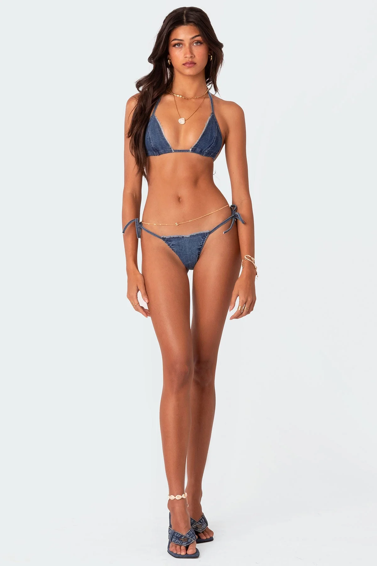 Distressed Denim String Bikini Bottom Blue Adjustable Swimwear