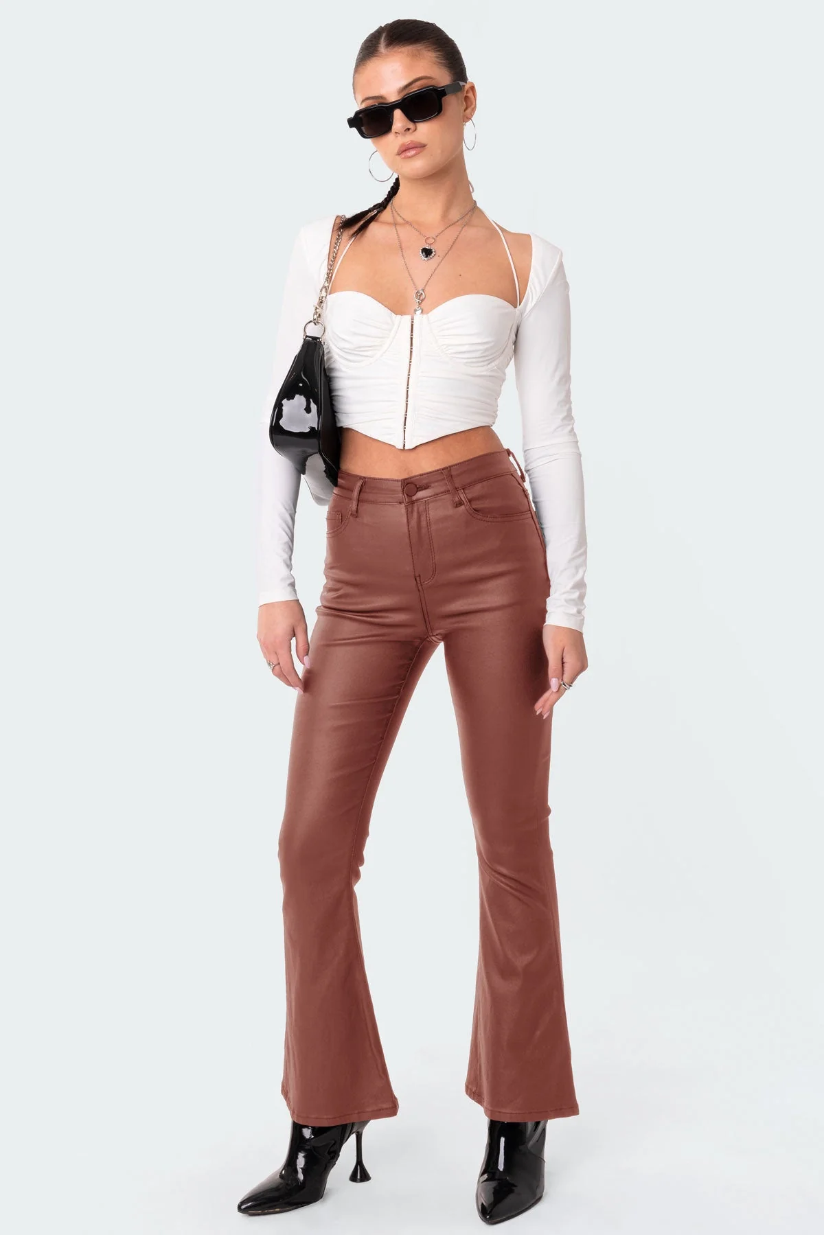 Brown Faux Leather Flare Pants for Petite Women