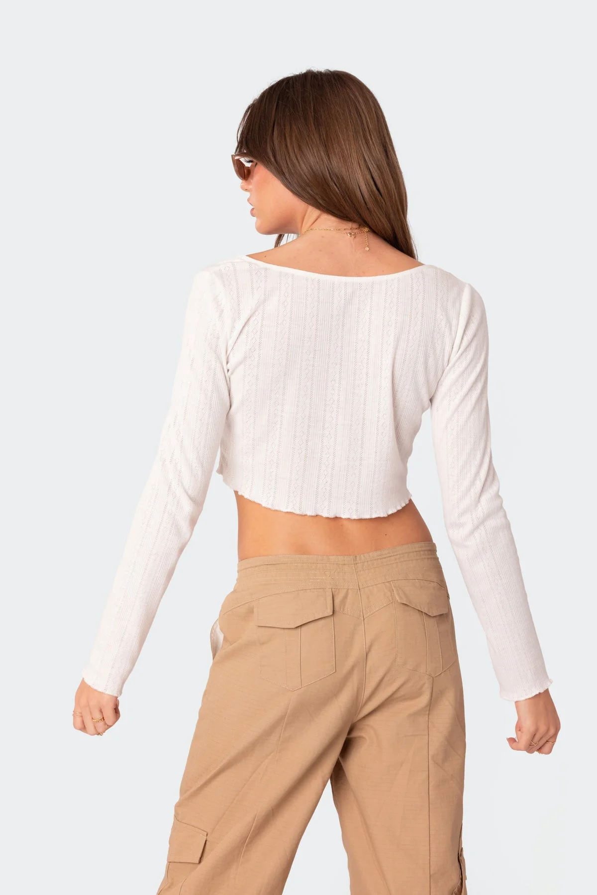 White Pointelle Cropped Long Sleeve Top