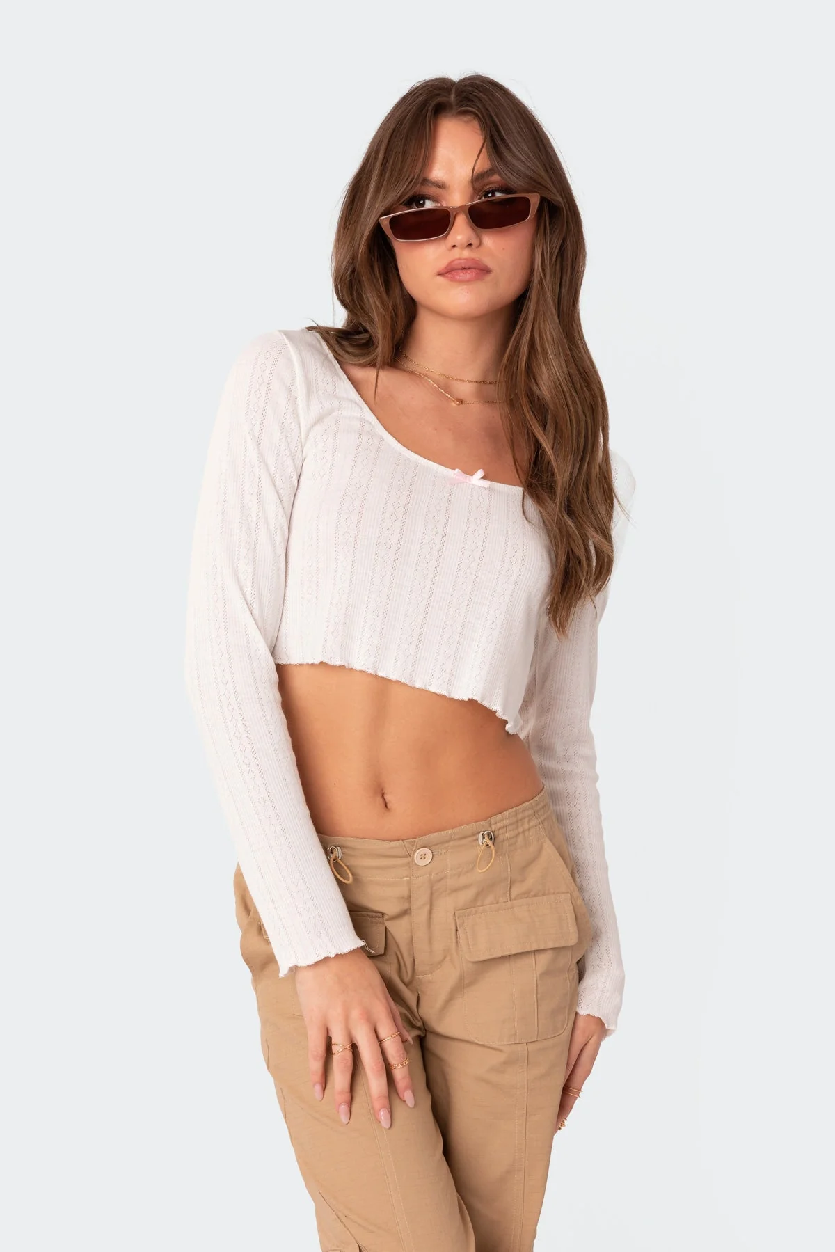 White Pointelle Cropped Long Sleeve Top
