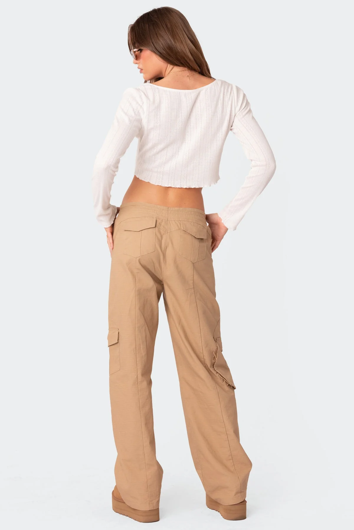 White Pointelle Cropped Long Sleeve Top