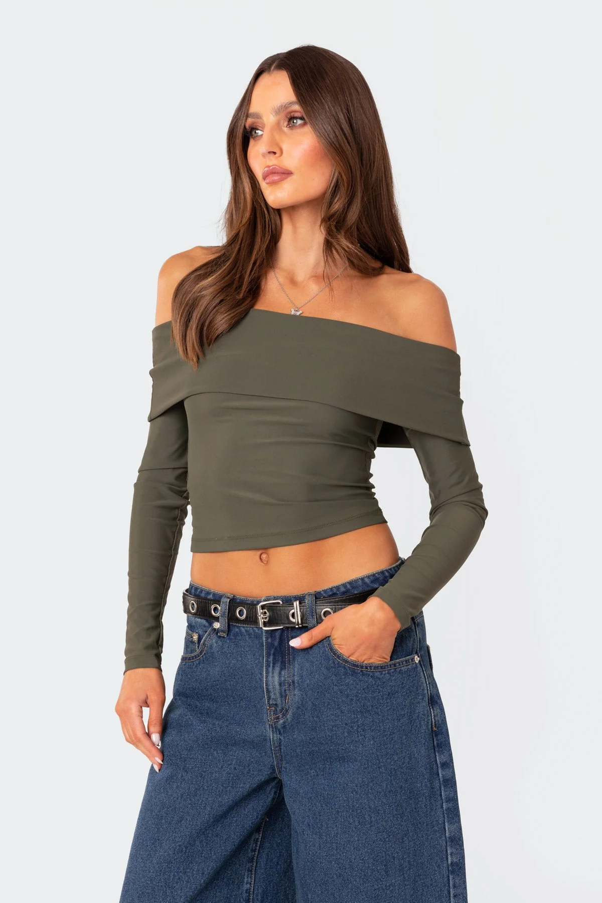 Olive Fold Over Off Shoulder Top
