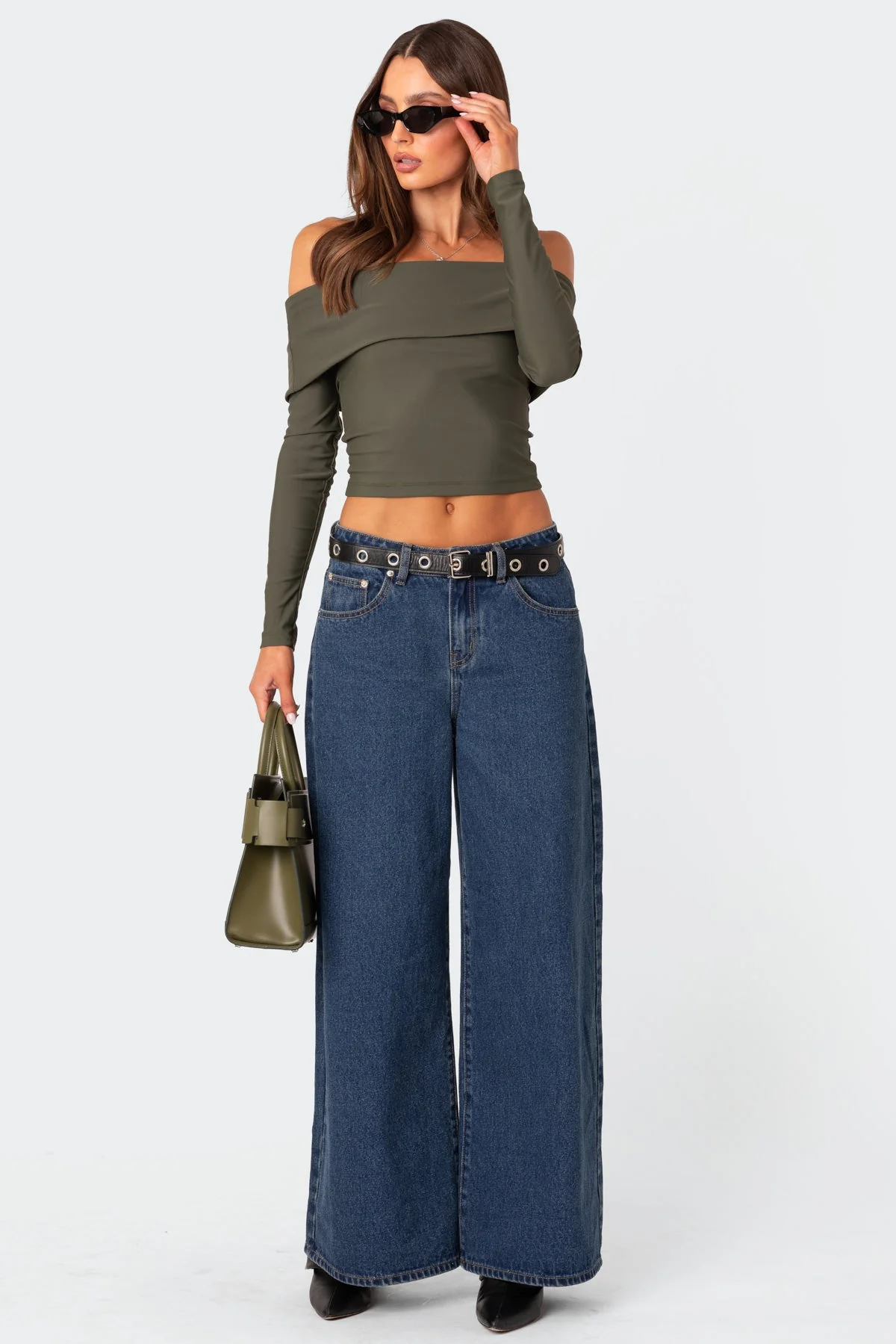 Olive Fold Over Off Shoulder Top