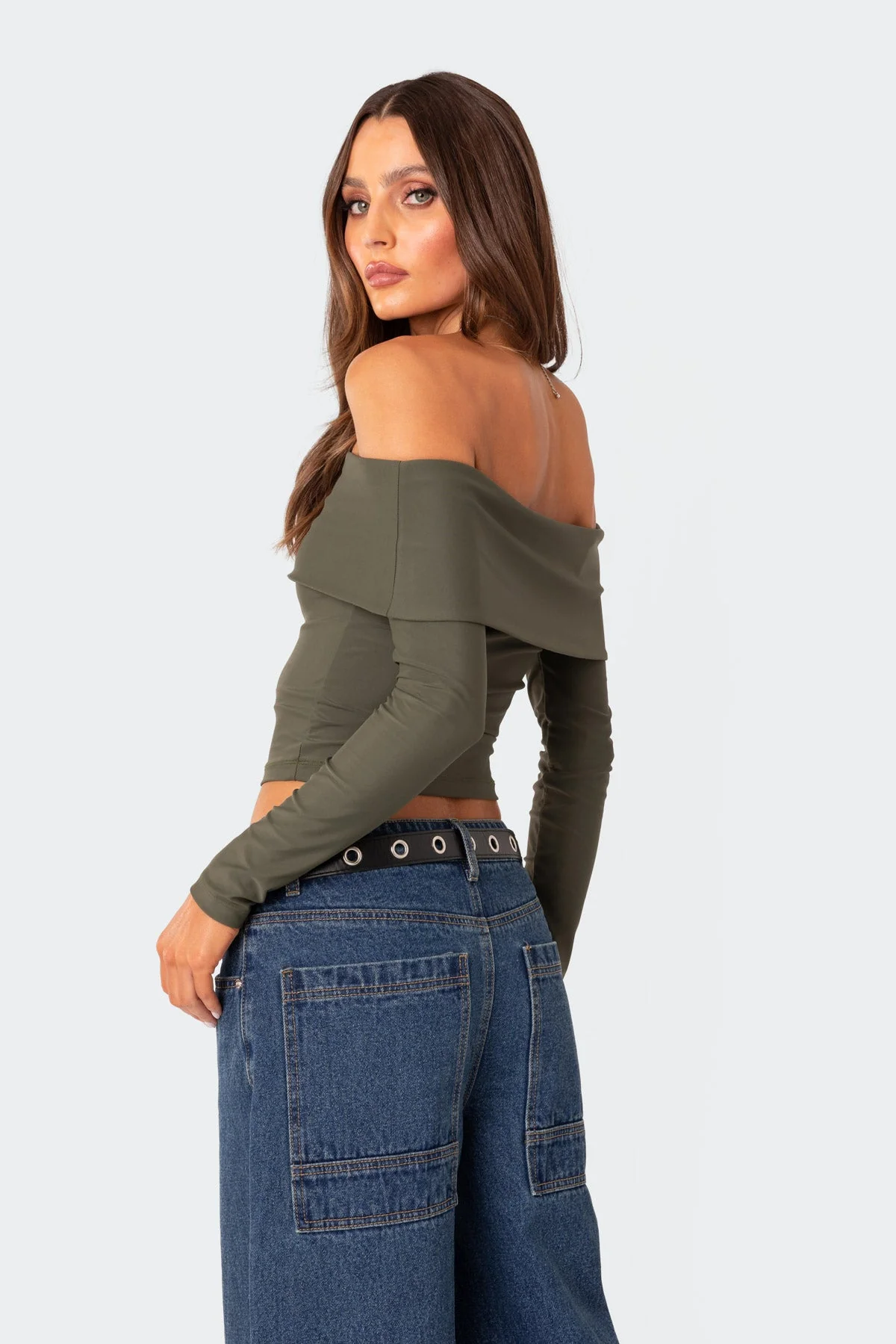 Olive Fold Over Off Shoulder Top