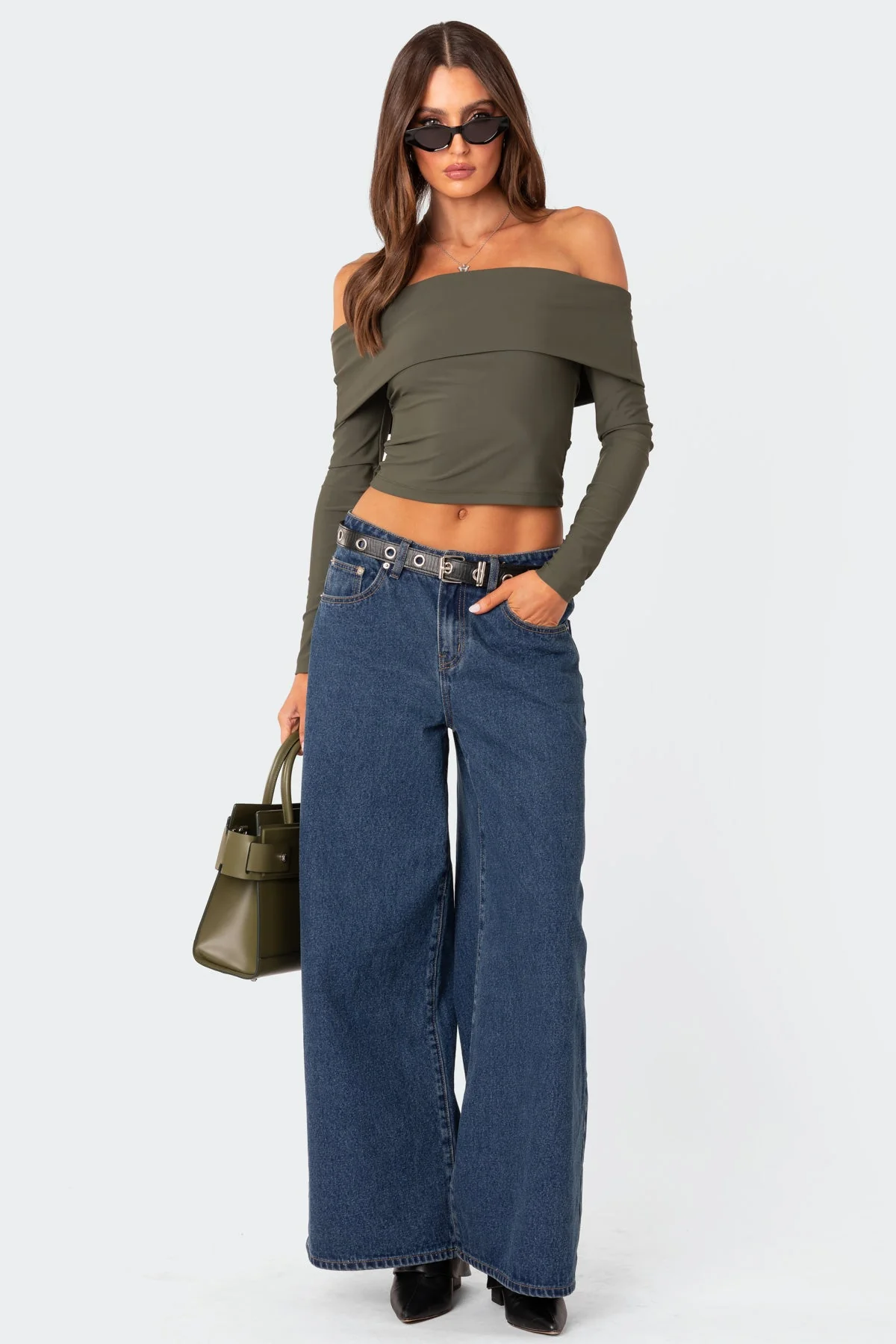 Olive Fold Over Off Shoulder Top