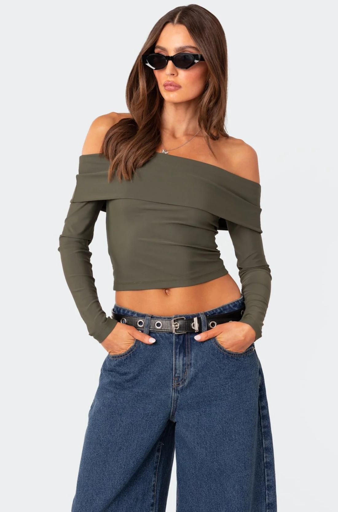 Olive Fold Over Off Shoulder Top
