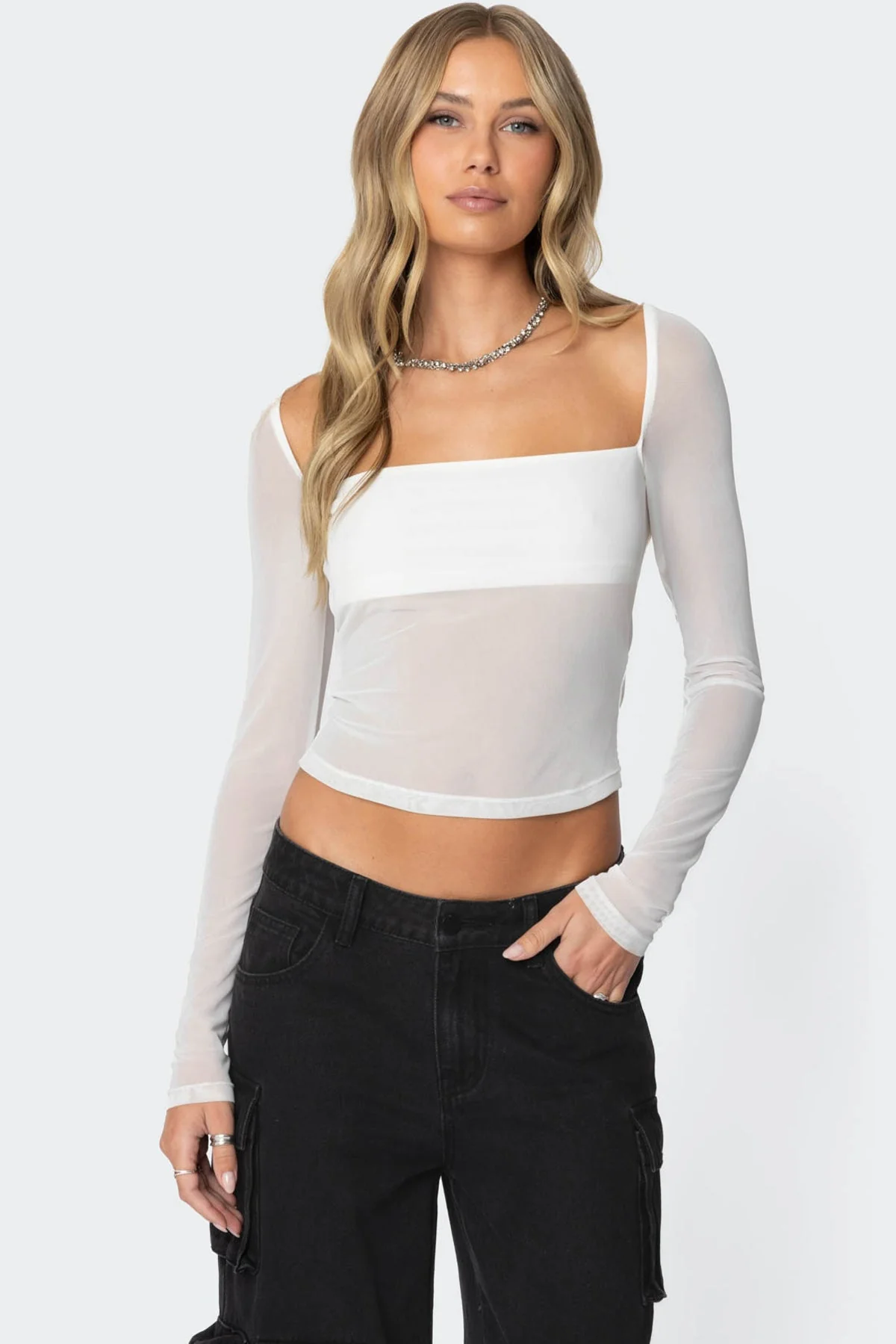 White Mesh Top with Square Neckline - Elegant and Stylish Design