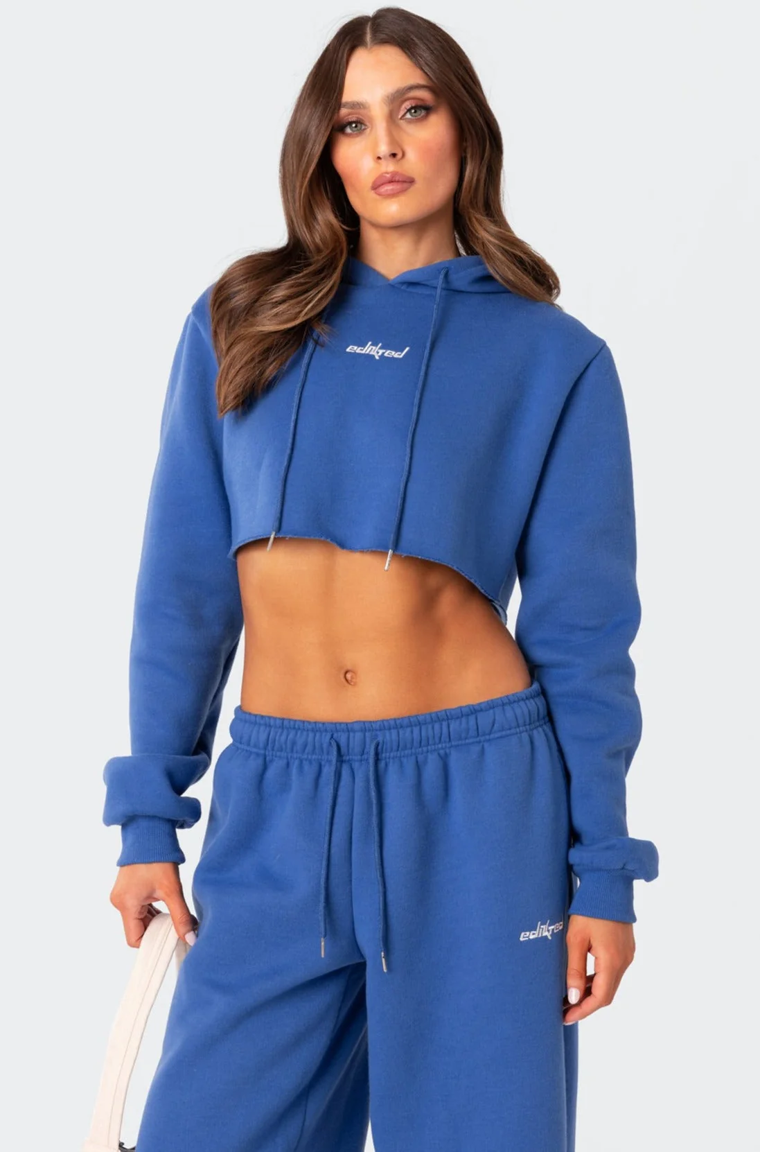 Blue Cropped Hoodie Womens Long Sleeve Set