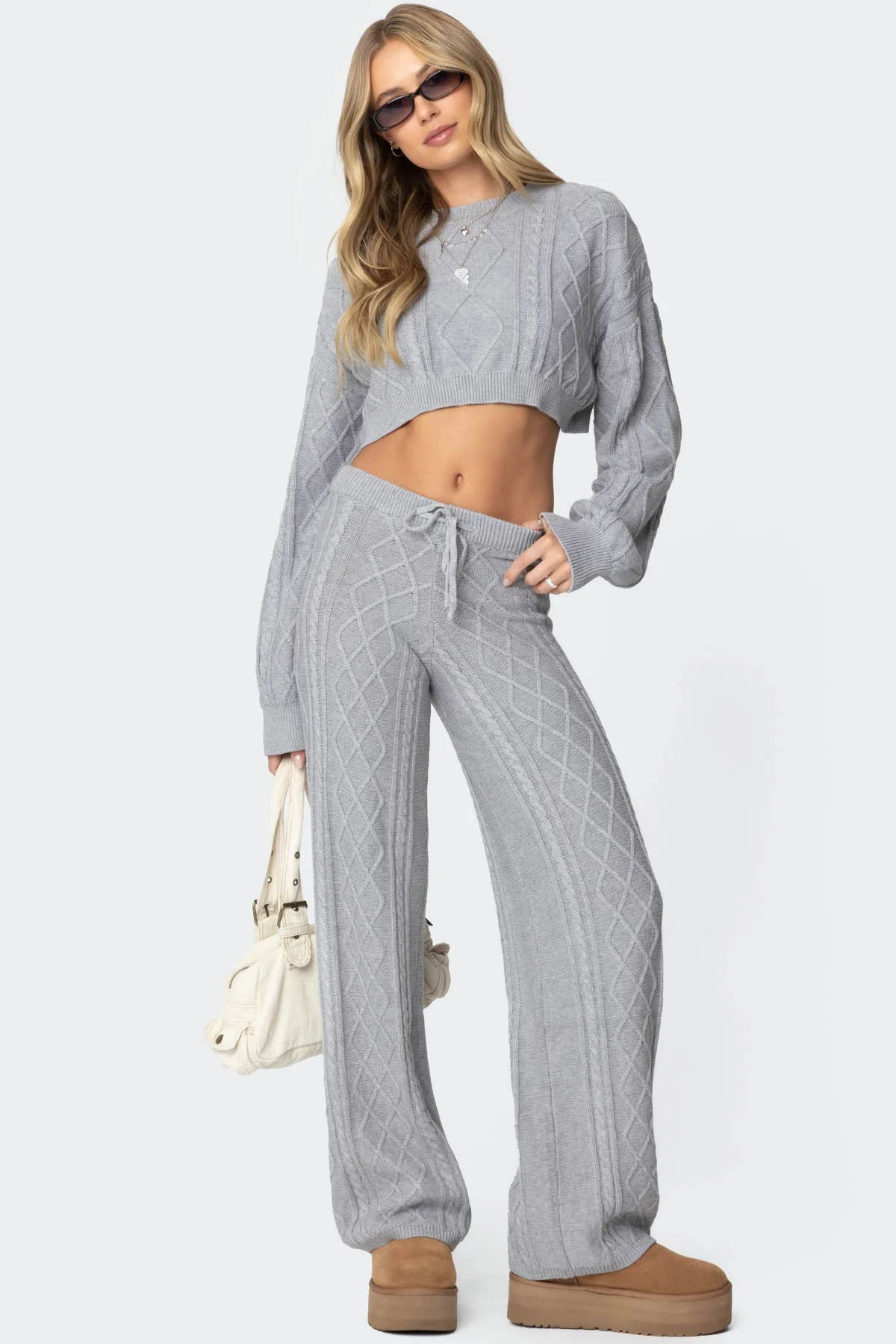 Cozy Gray Cable Knit Pants for Women