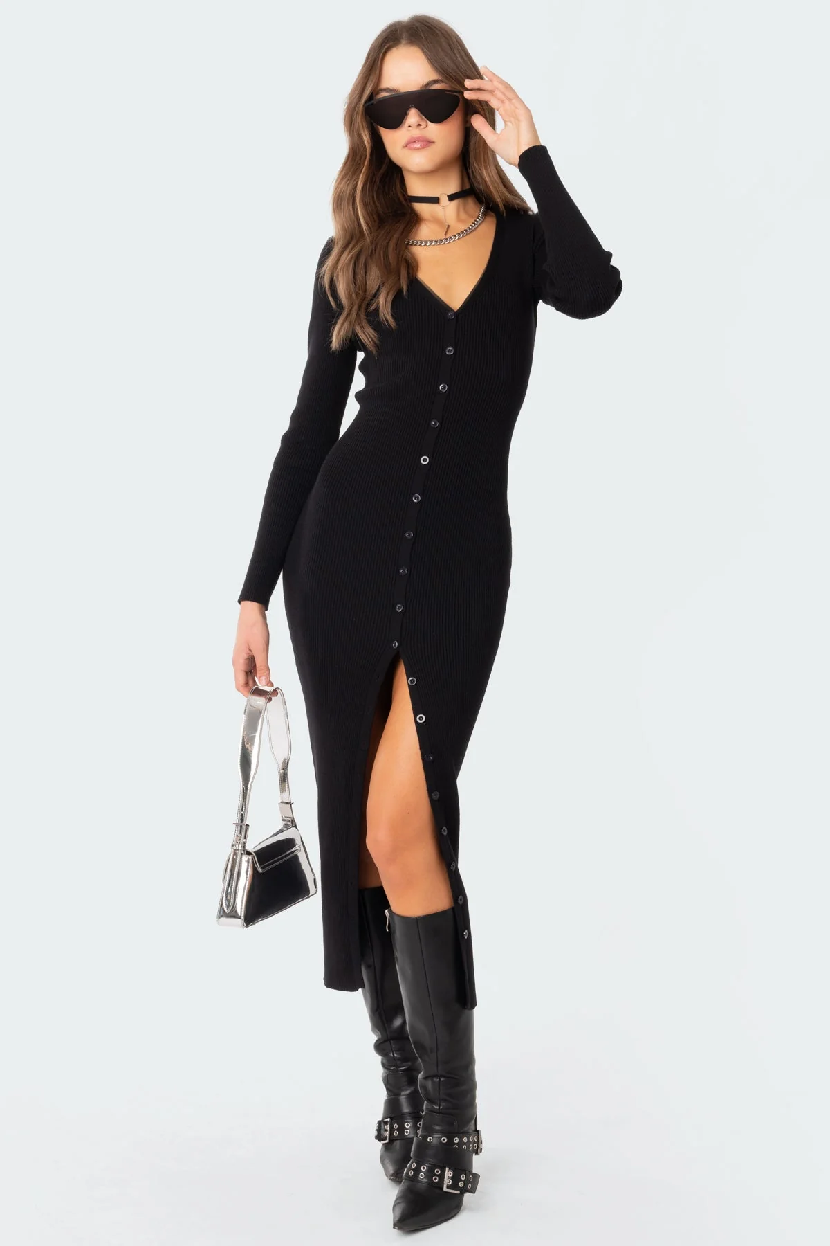 Black Knitted V-Neck Maxi Dress with Front Buttons