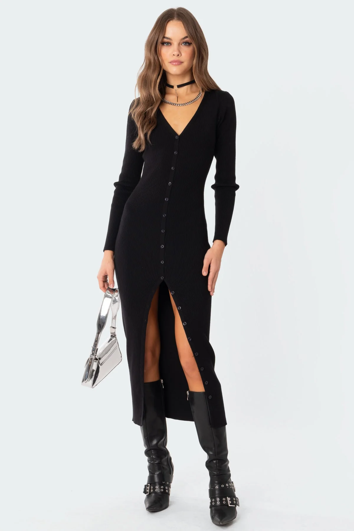 Black Knitted V-Neck Maxi Dress with Front Buttons