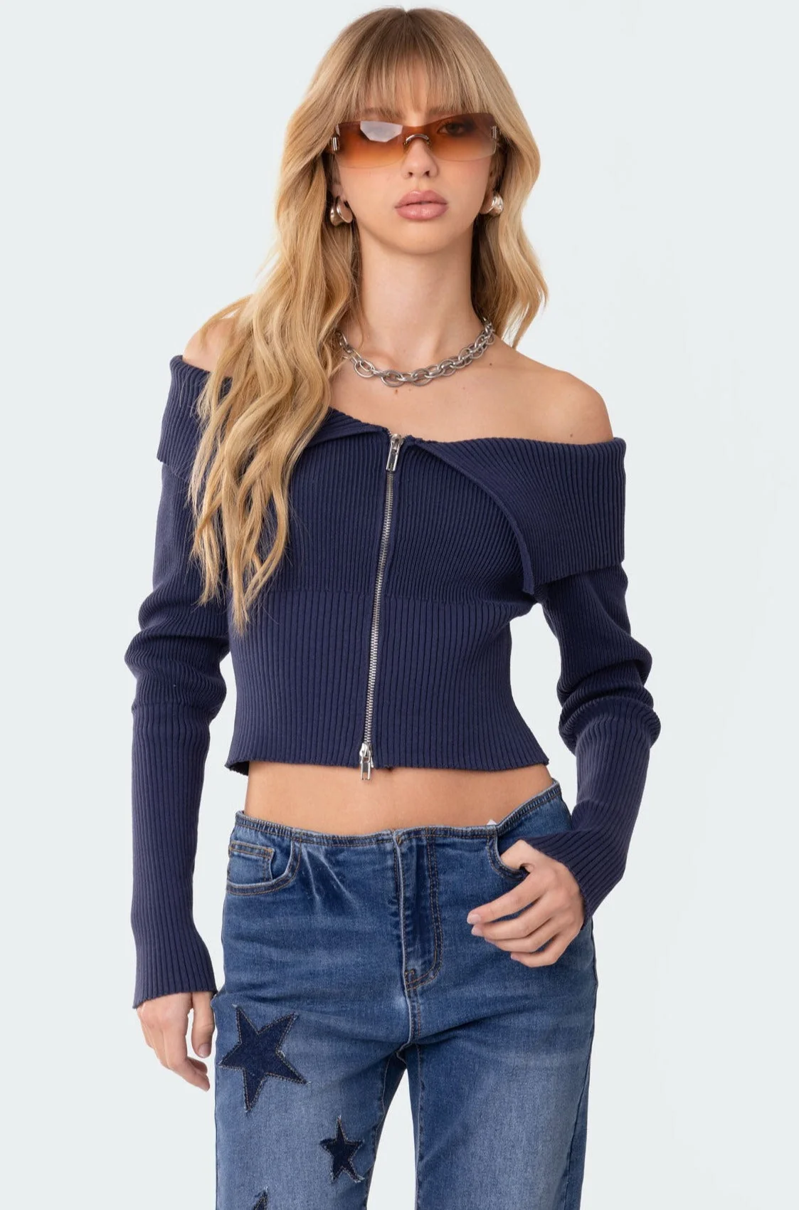 Blue Knit Fold Over Zip Sweater XS/S-XL Double Zip Detail