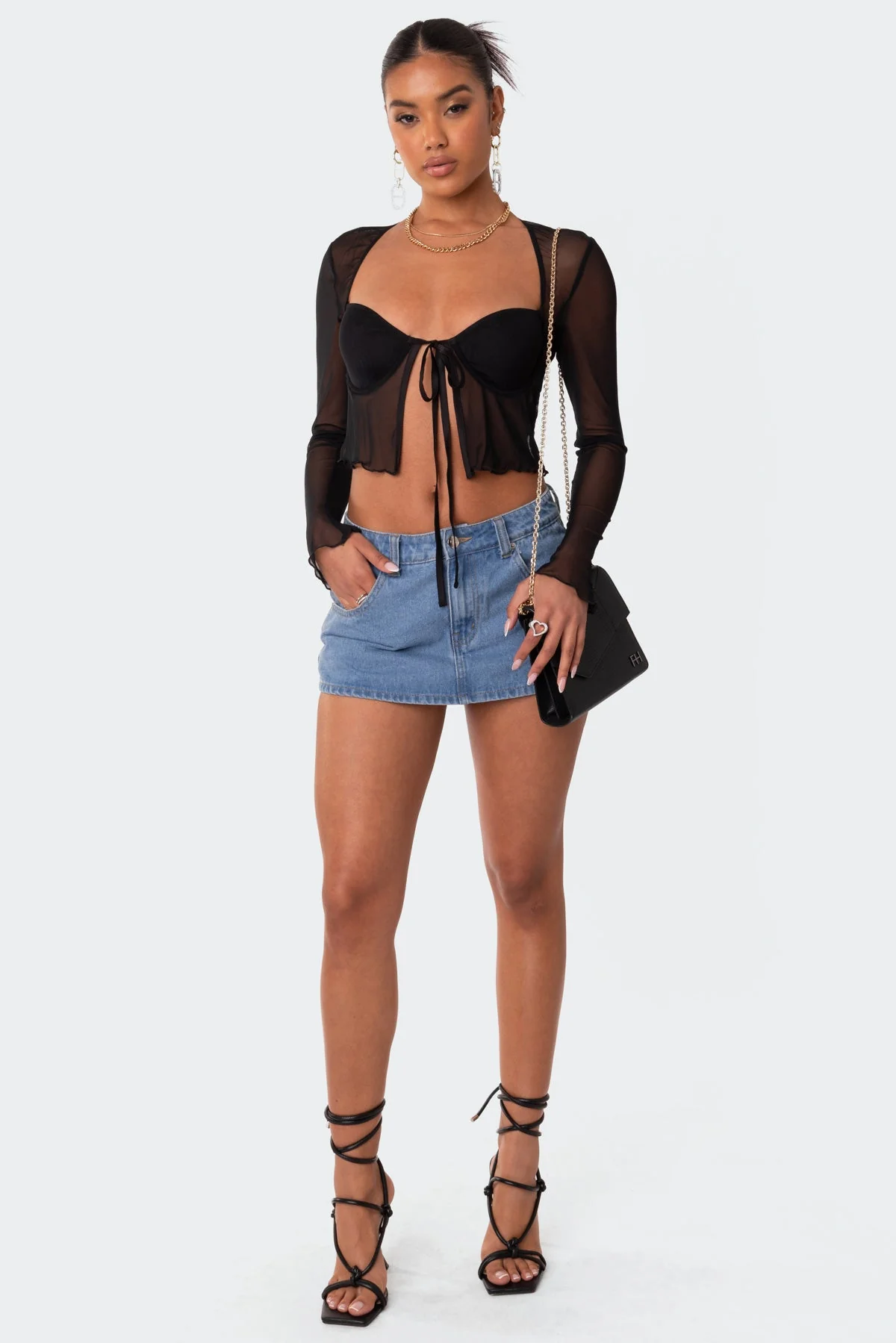 Black Mesh Tie Front Long Sleeve Corset Top