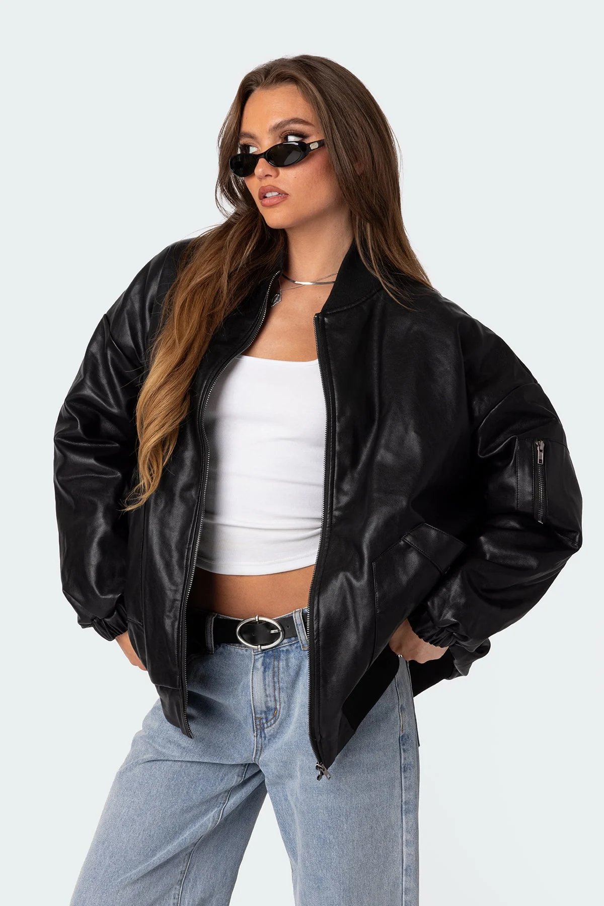Oversized Faux Leather Bomber Jacket Black XS-XL