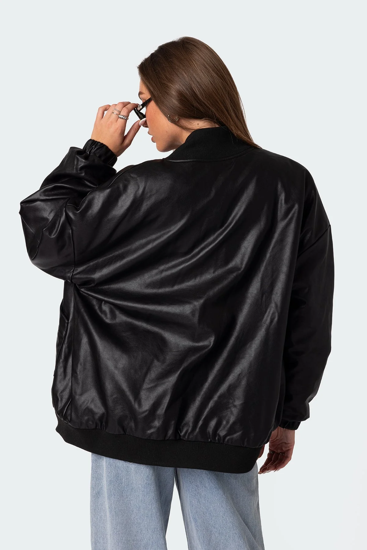 Oversized Faux Leather Bomber Jacket Black XS-XL