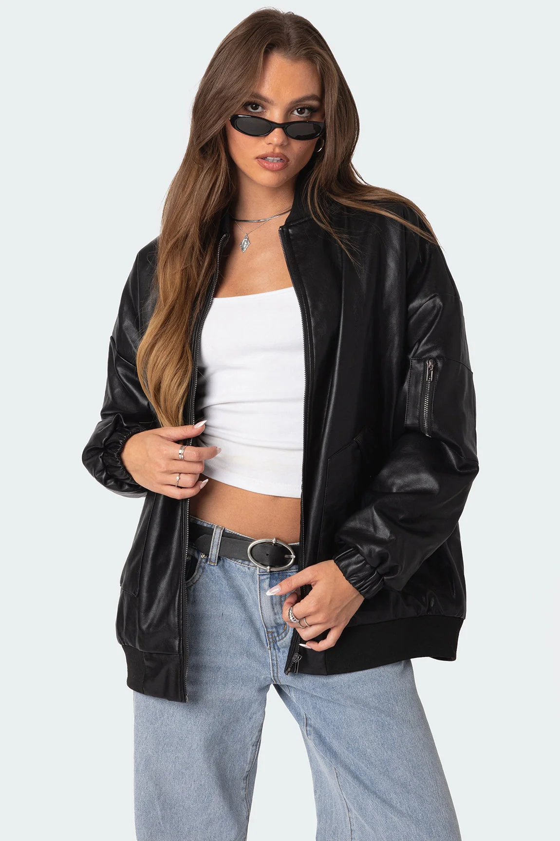 Oversized Faux Leather Bomber Jacket Black XS-XL