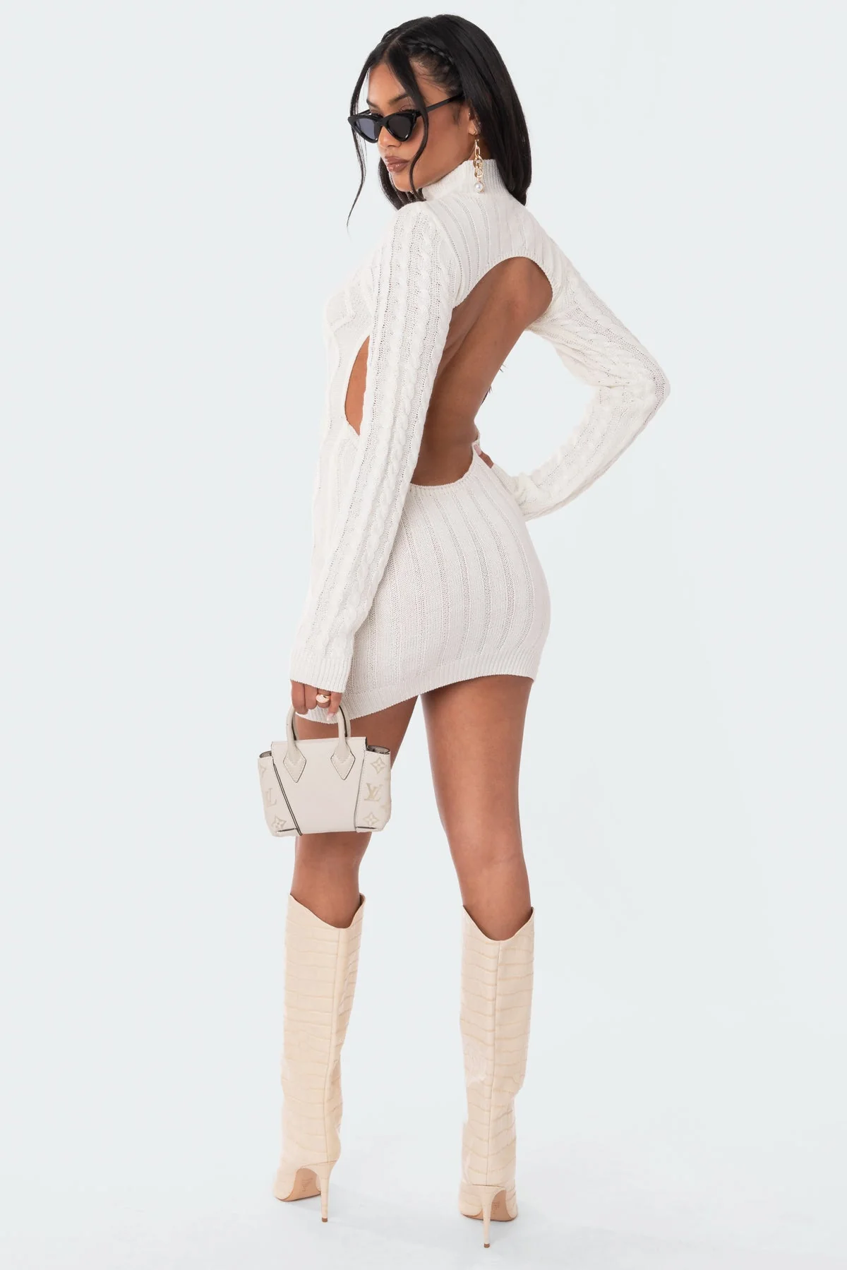 White Cable Knit Backless Mini Dress