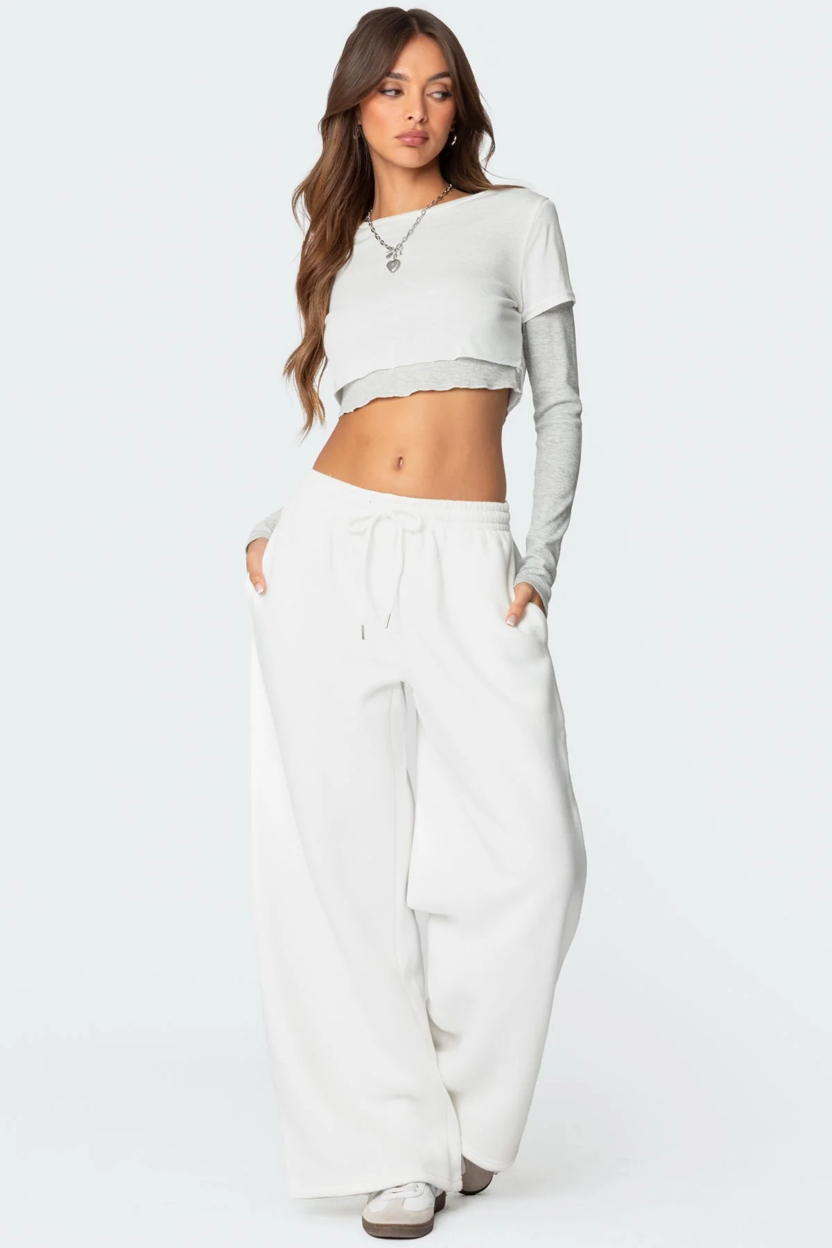 White Wide Leg Adjustable Waistband Sweatpants XS-XL