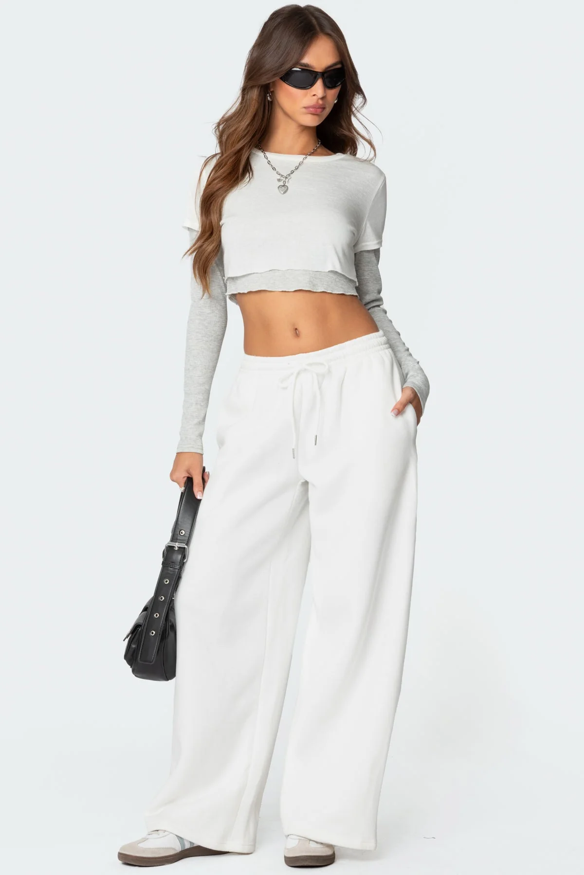 White Wide Leg Adjustable Waistband Sweatpants XS-XL
