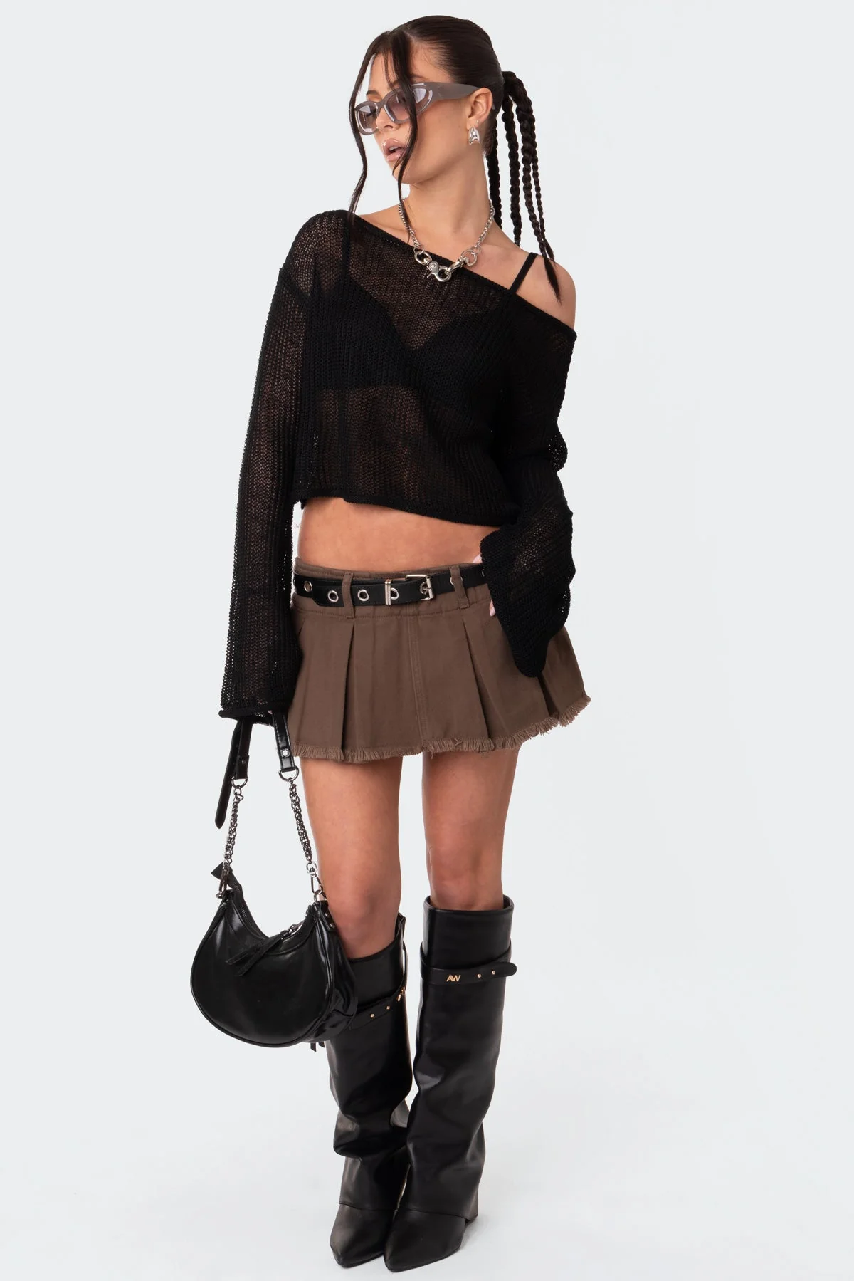 Black Off-The-Shoulder Sheer Knitted Sweater