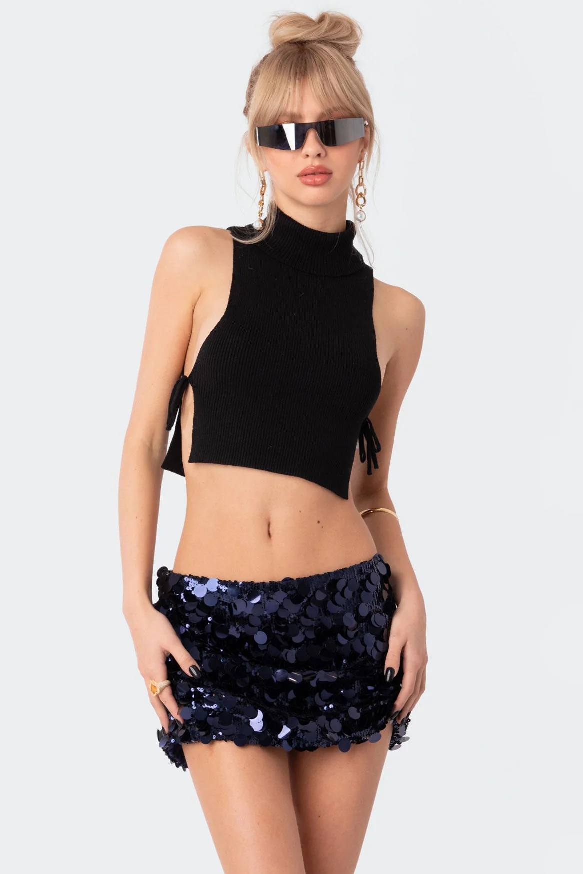 Black Knitted Lace-Up Crop Top