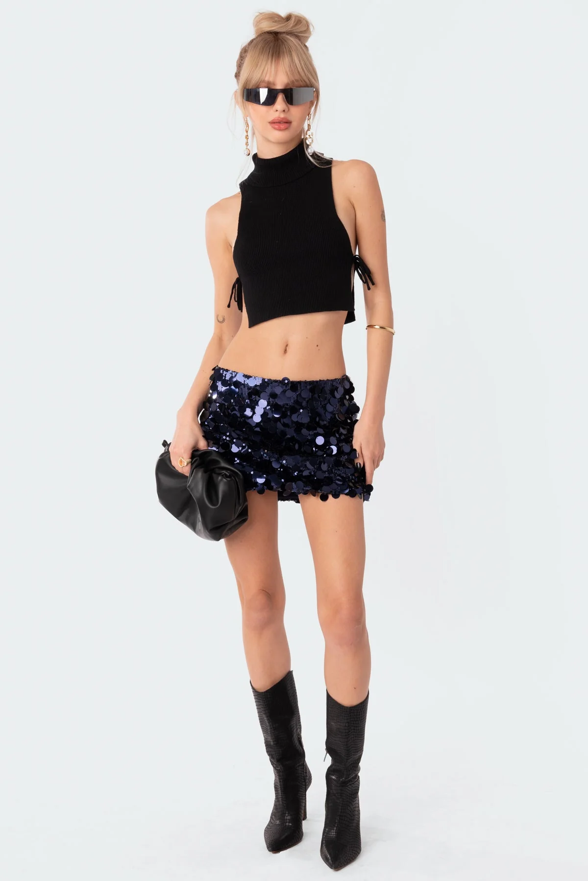 Black Knitted Lace-Up Crop Top