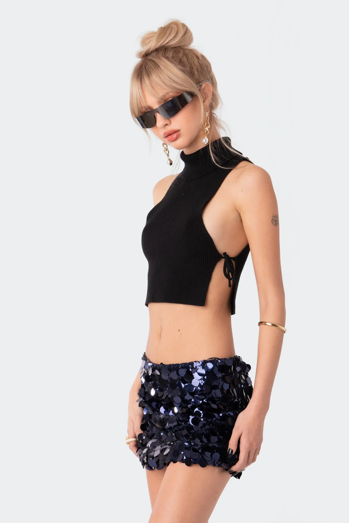 Black Knitted Lace-Up Crop Top