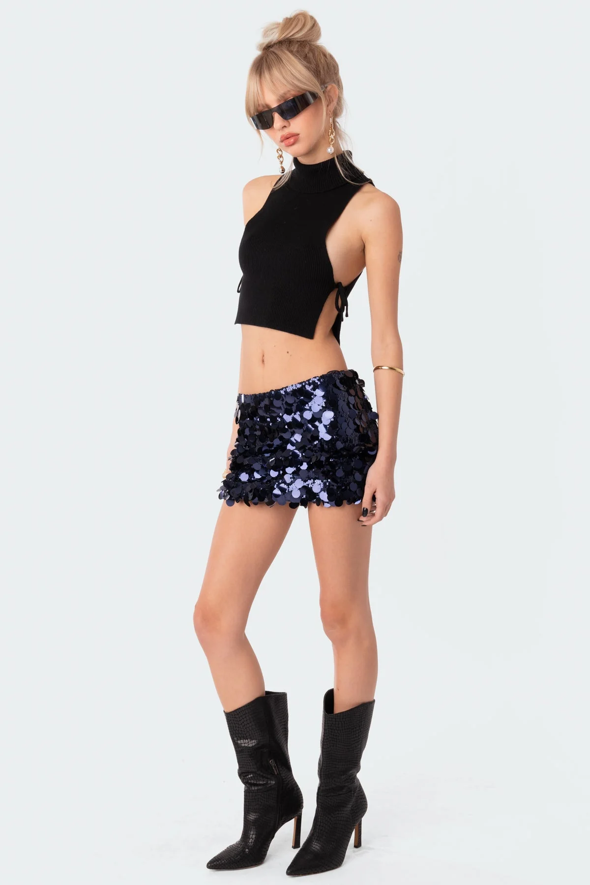 Black Knitted Lace-Up Crop Top