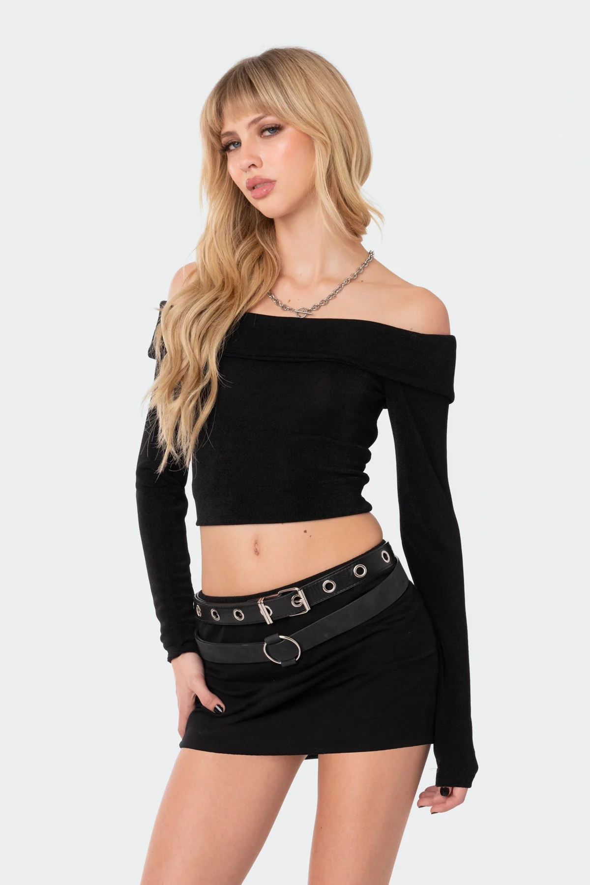Black Off Shoulder Fold Over Top for Women