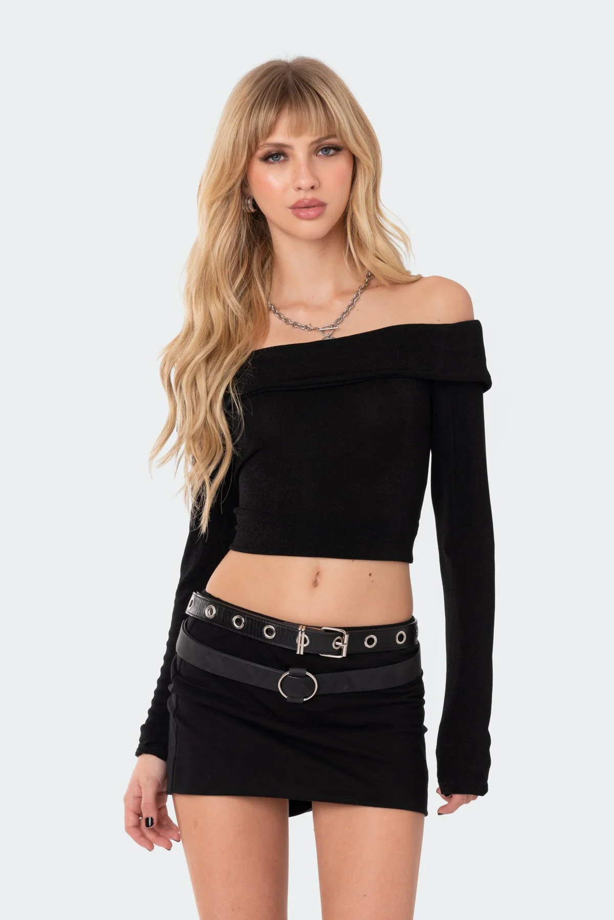 Black Off Shoulder Fold Over Top for Women