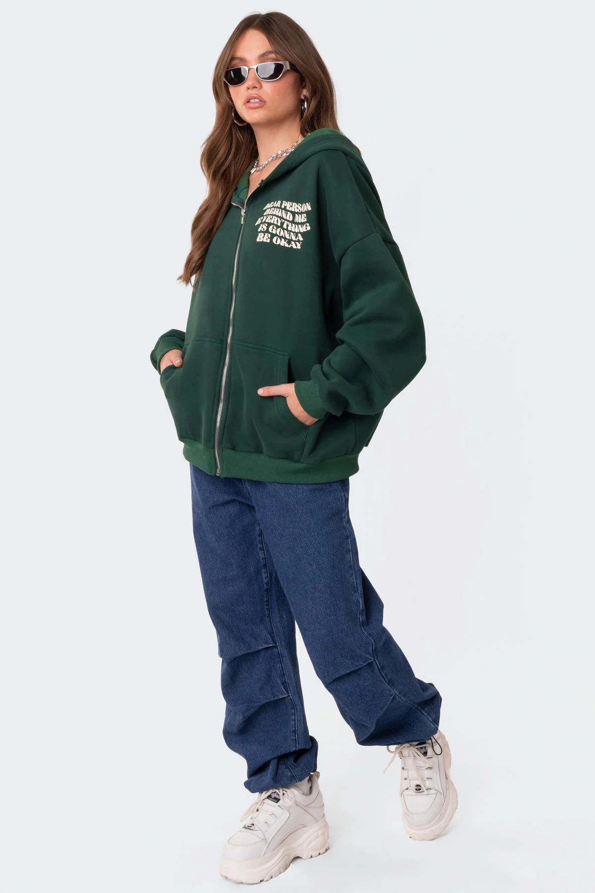 Green Zip-Up Oversized Hoodie - Unisex Graphic Text