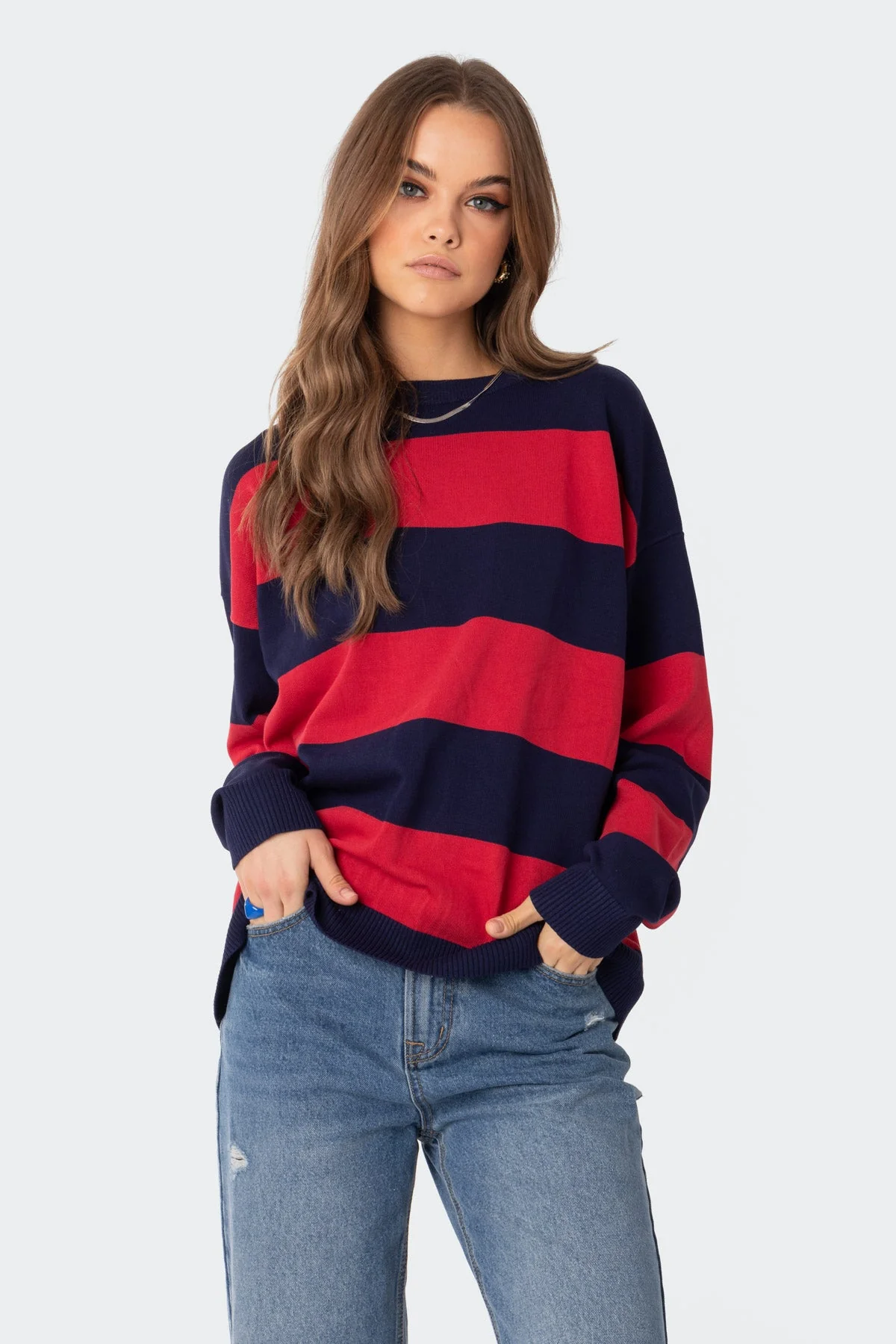 Red Oversized Knit Sweater XS/S-XL Lightweight Acrylic Fabric