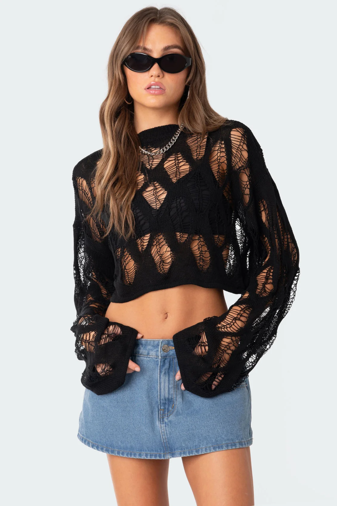 Distressed Knit Black Sweater – Stylish Layering Essential