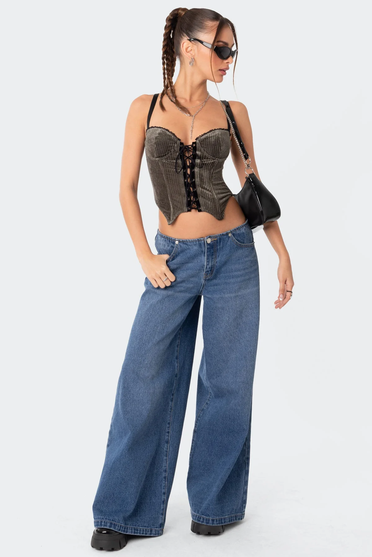 Velvet Lace Trim Cupped Corset Top