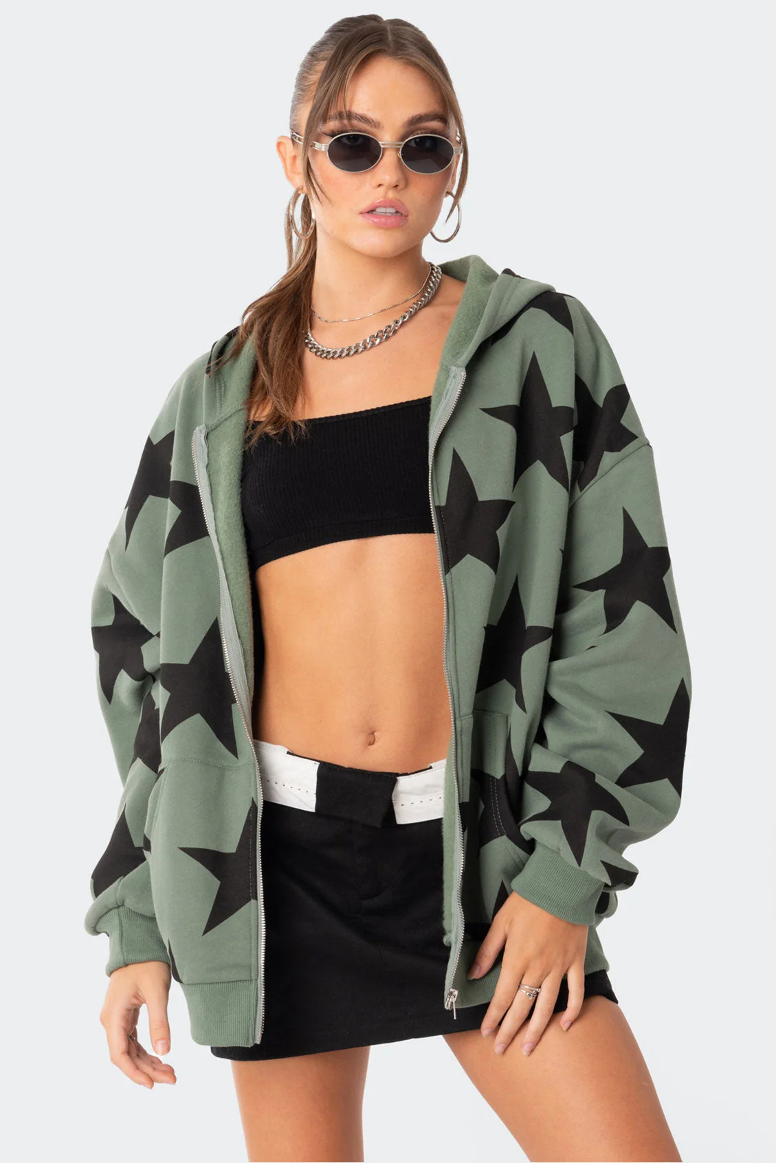 Olive Oversized Zip-Up Hoodie with Star Print