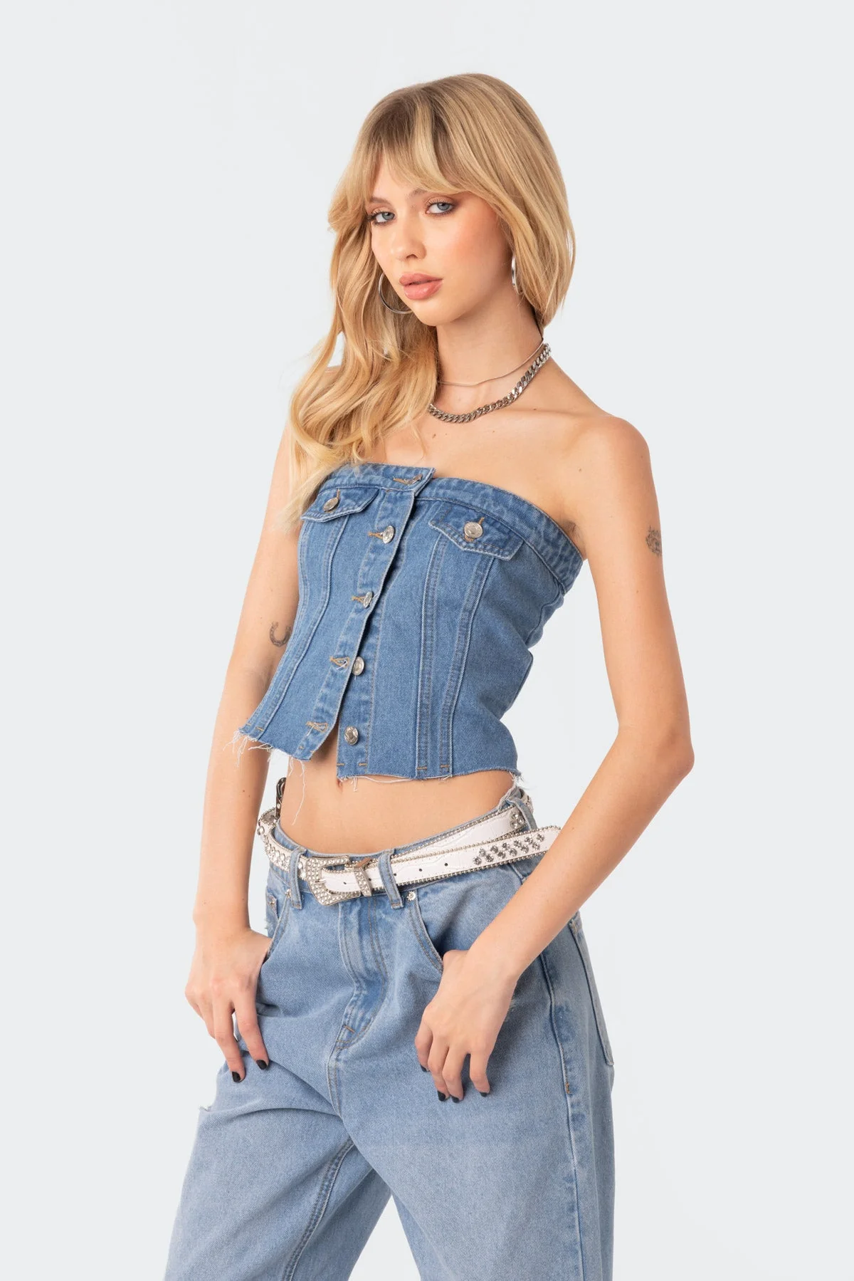 Blue Denim Strapless Top for Women