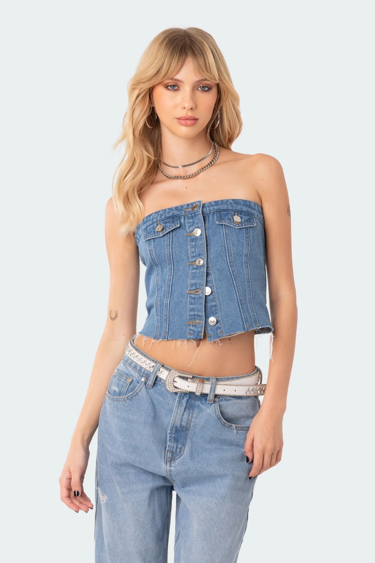 Blue Denim Strapless Top for Women