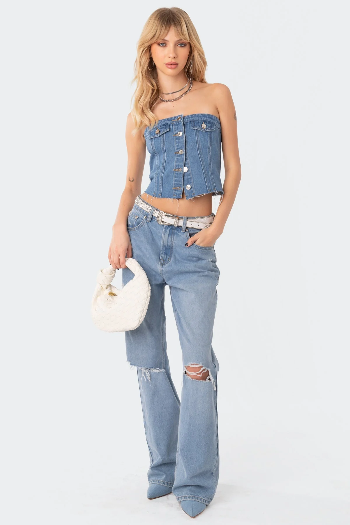 Blue Denim Strapless Top for Women