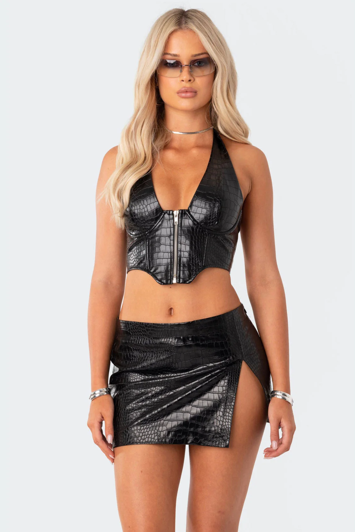 Black Faux Croc Leather Corset Top with Zip Front Closure