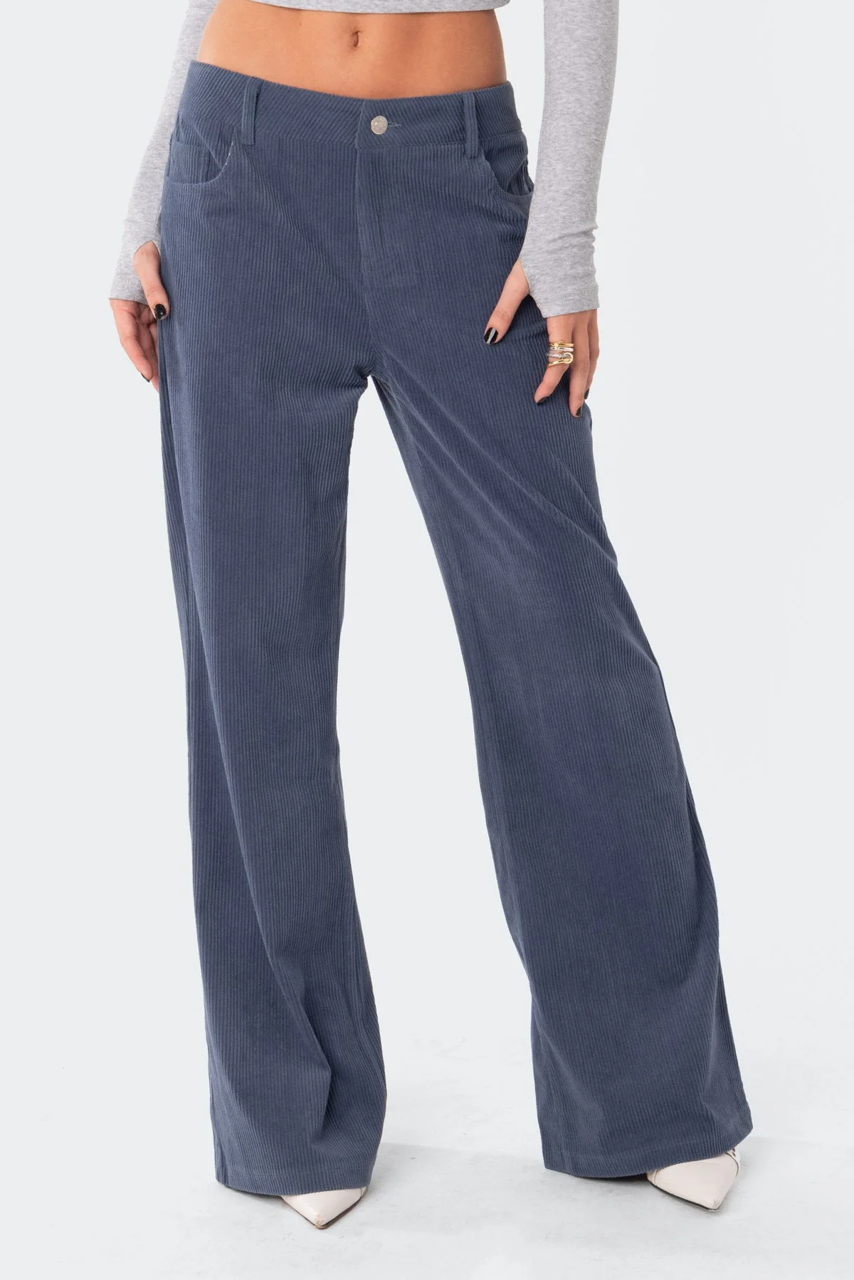 Blue Corduroy Pants Low Rise Wide Fit