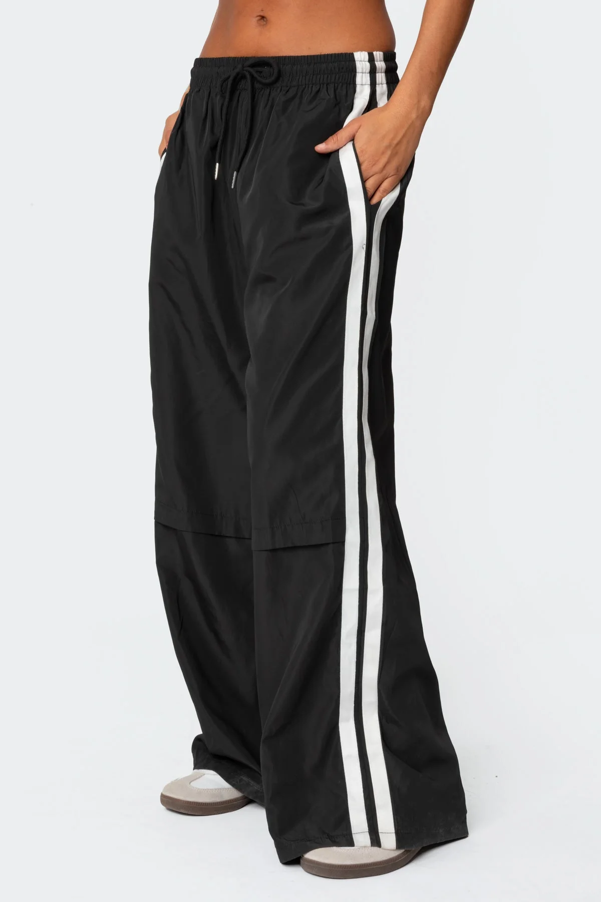 Black Nylon Track Pants with Side Stripe Detail