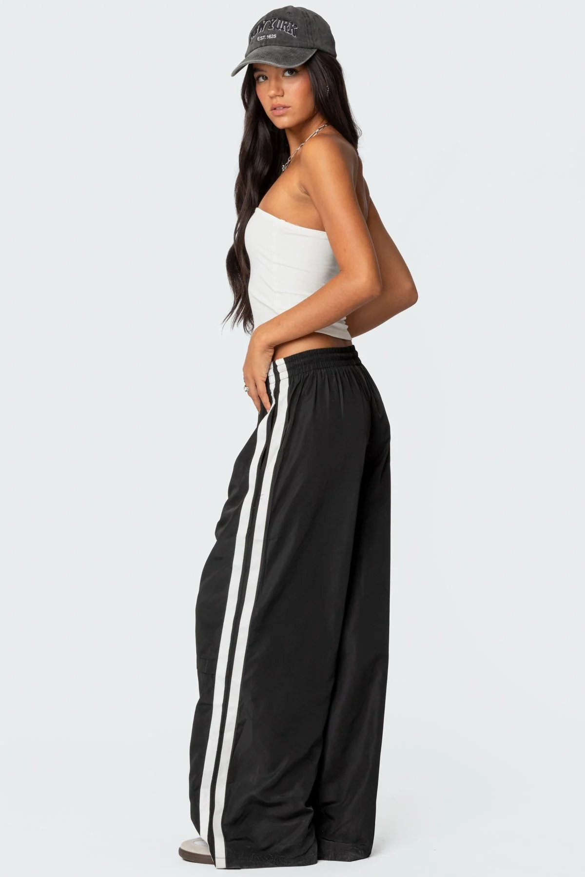 Black Nylon Track Pants with Side Stripe Detail
