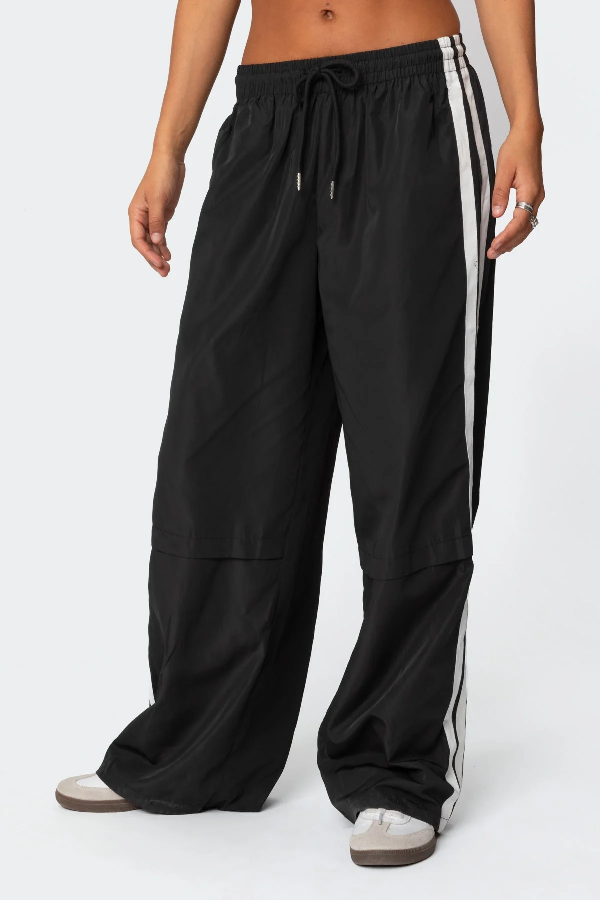 Black Nylon Track Pants with Side Stripe Detail
