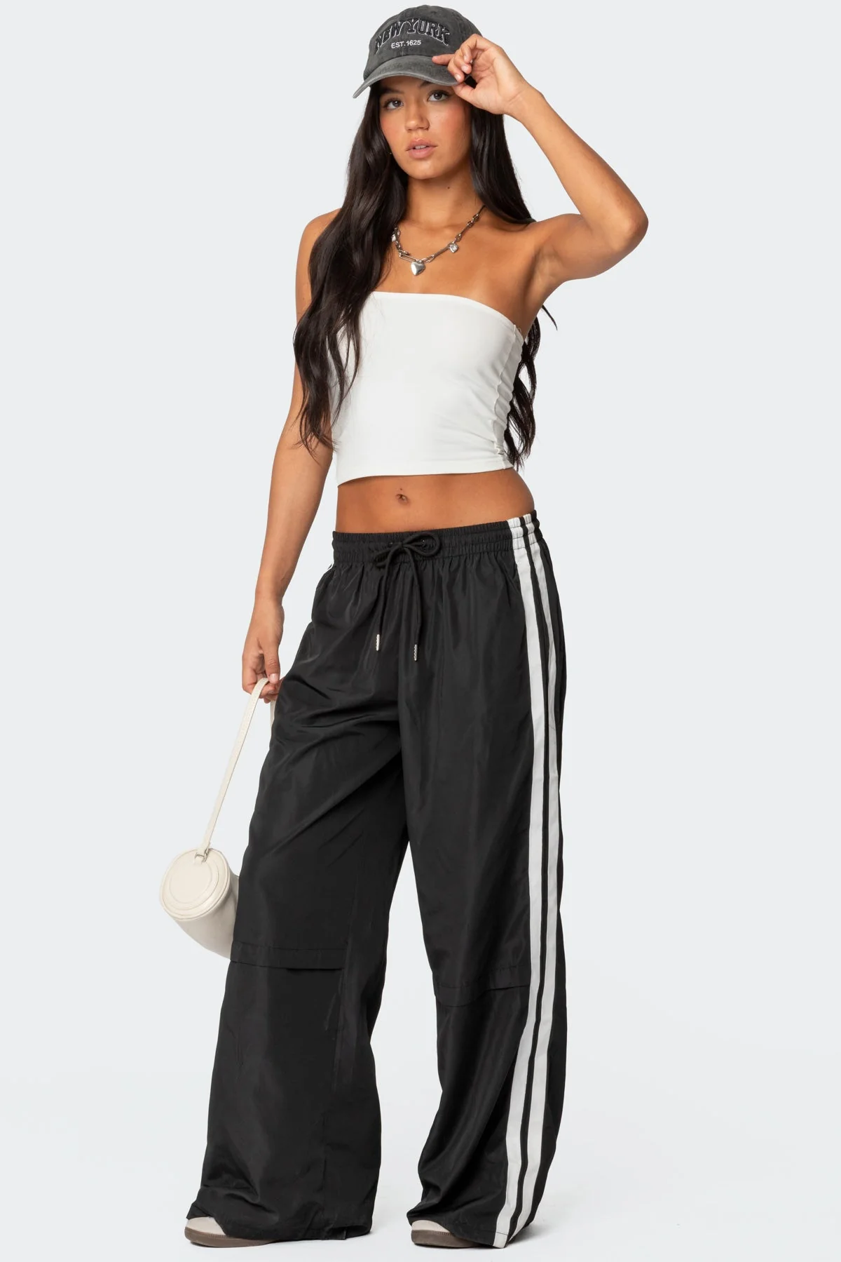 Black Nylon Track Pants with Side Stripe Detail