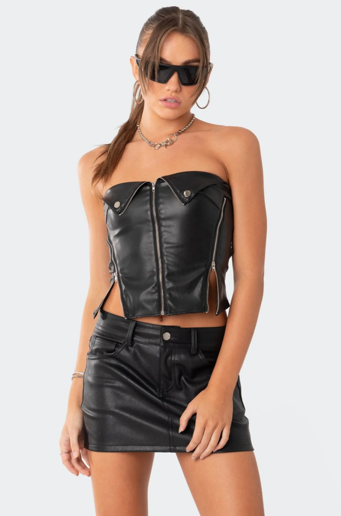 Black Faux Leather Zip Corset Womens Set