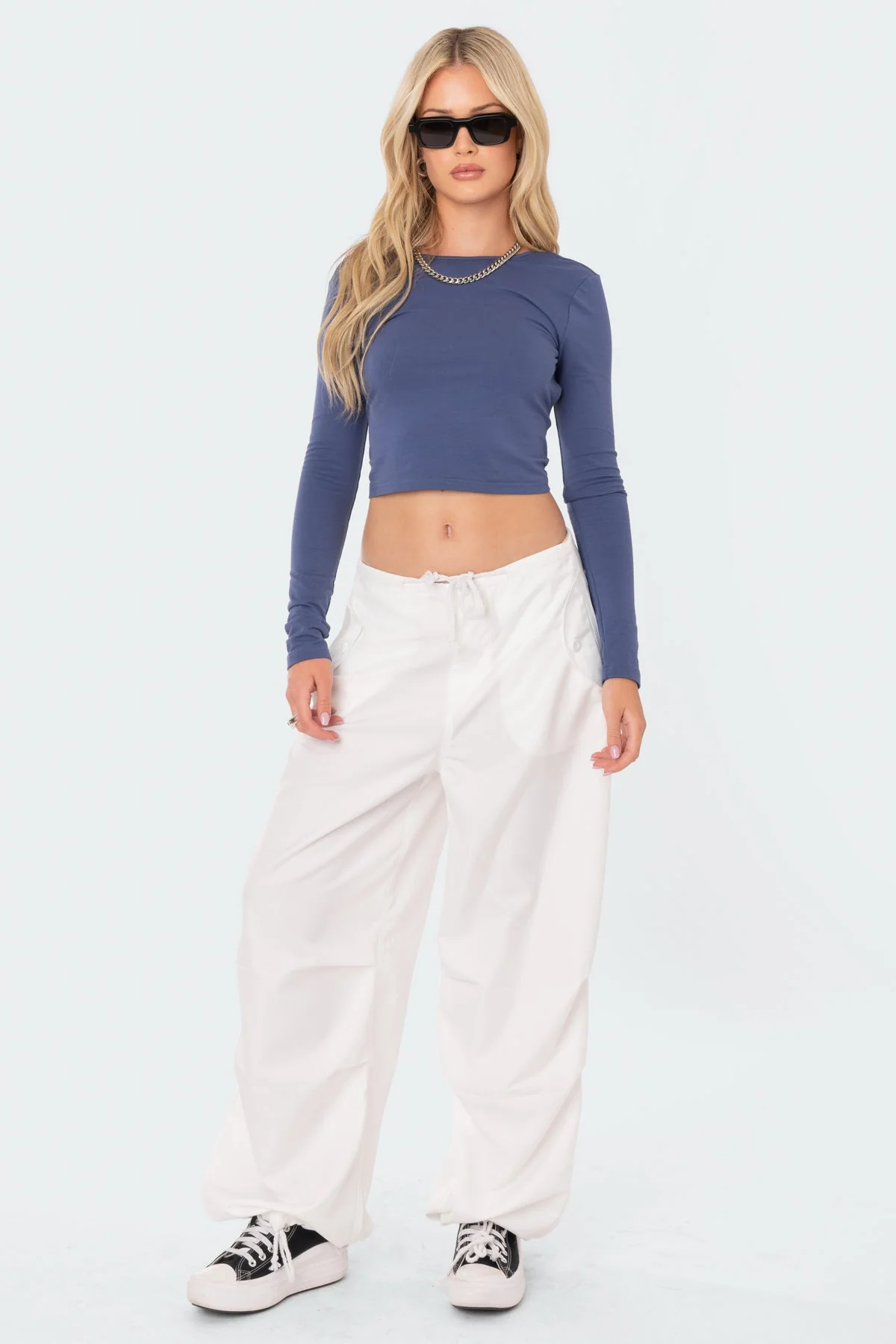 White Nylon Cargo Pants Drawstring Waistband Cargo Pockets