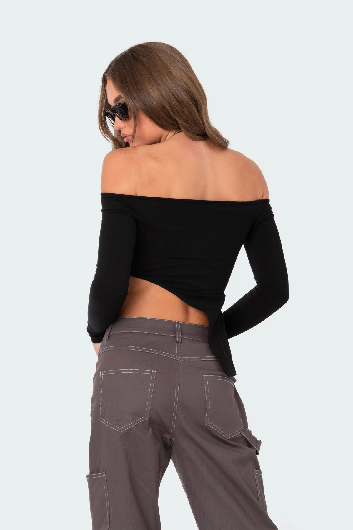Helena Asymmetric Black Off Shoulder Top